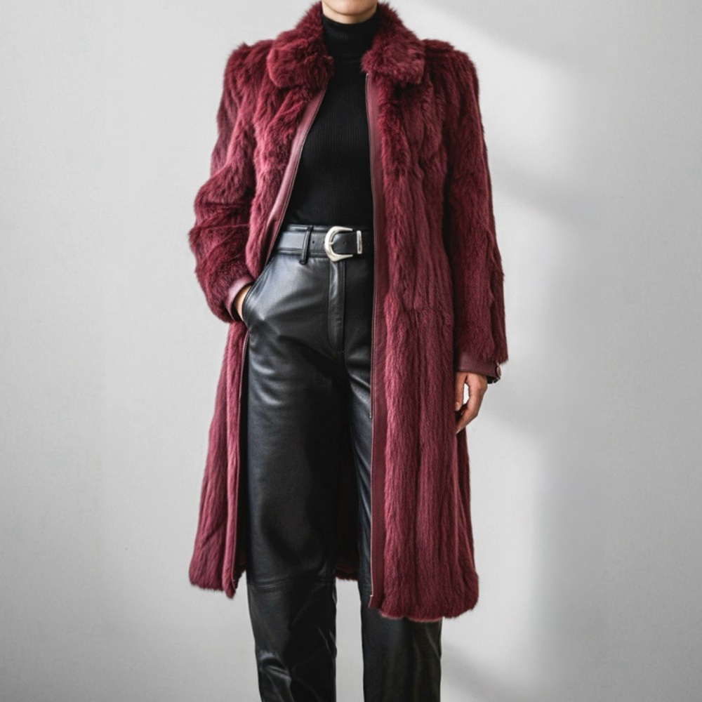 Vintage Genuine Rabbit Fur & Leather Coat Long Jacket Sz M Maroon Burgundy